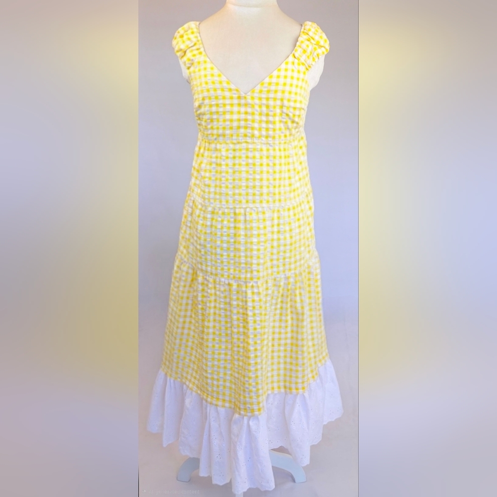 Refashioned Yellow Gingham Midi Sundress with Eyelet Ruffle Hem - Picture 2 of 9